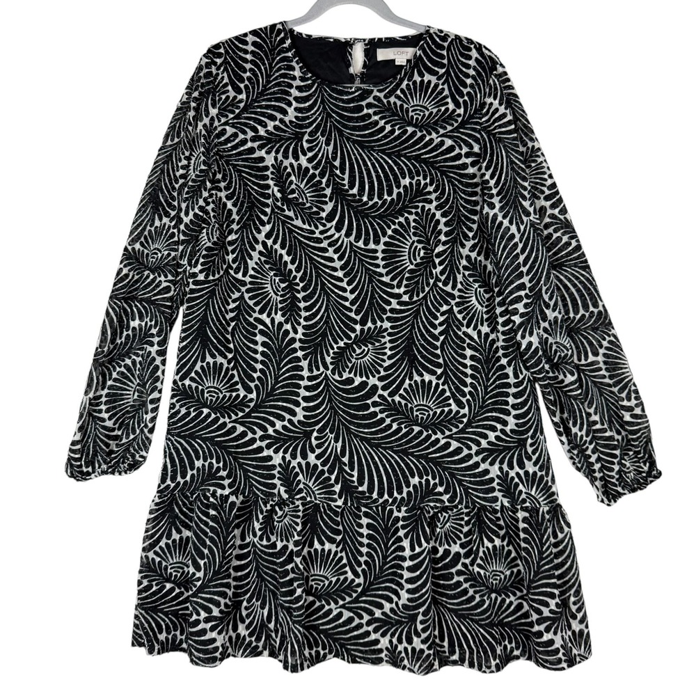 LOFT Dress Womens Medium Black Floral Long Sleeve Ruffle Hem Lined Swing Party